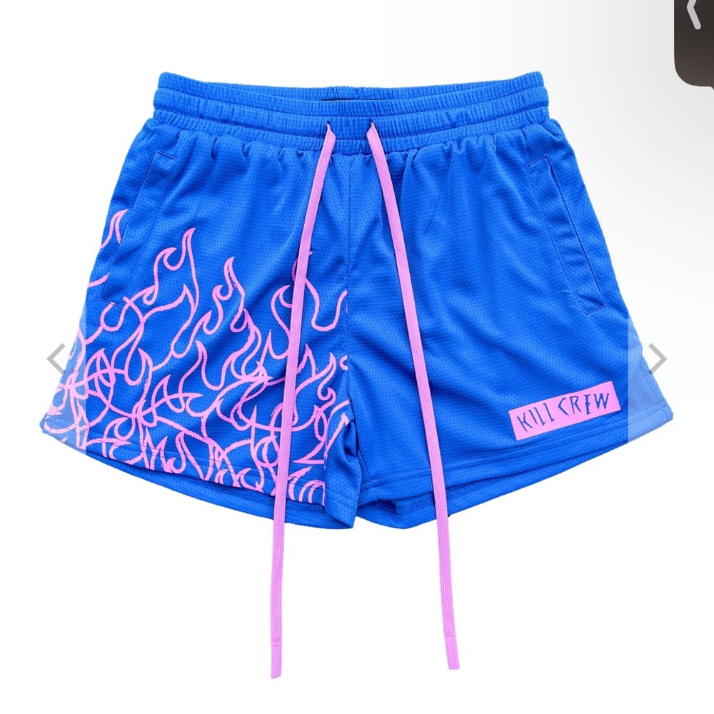 MUAY THAI FLAME SHORTS (MID THIGH CUT) - BLUE / PINK SIZE SMALL